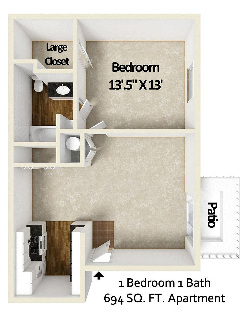 A 3D image of the 1BR/1BA floorplan, a 694 squarefoot, 1 bed / 1 bath unit