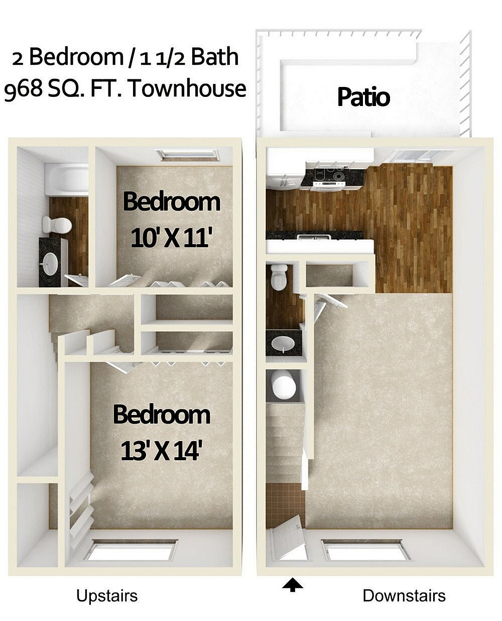 A 3D image of the 2BR/1BA floorplan, a 968 squarefoot, 2 bed / 1 bath unit