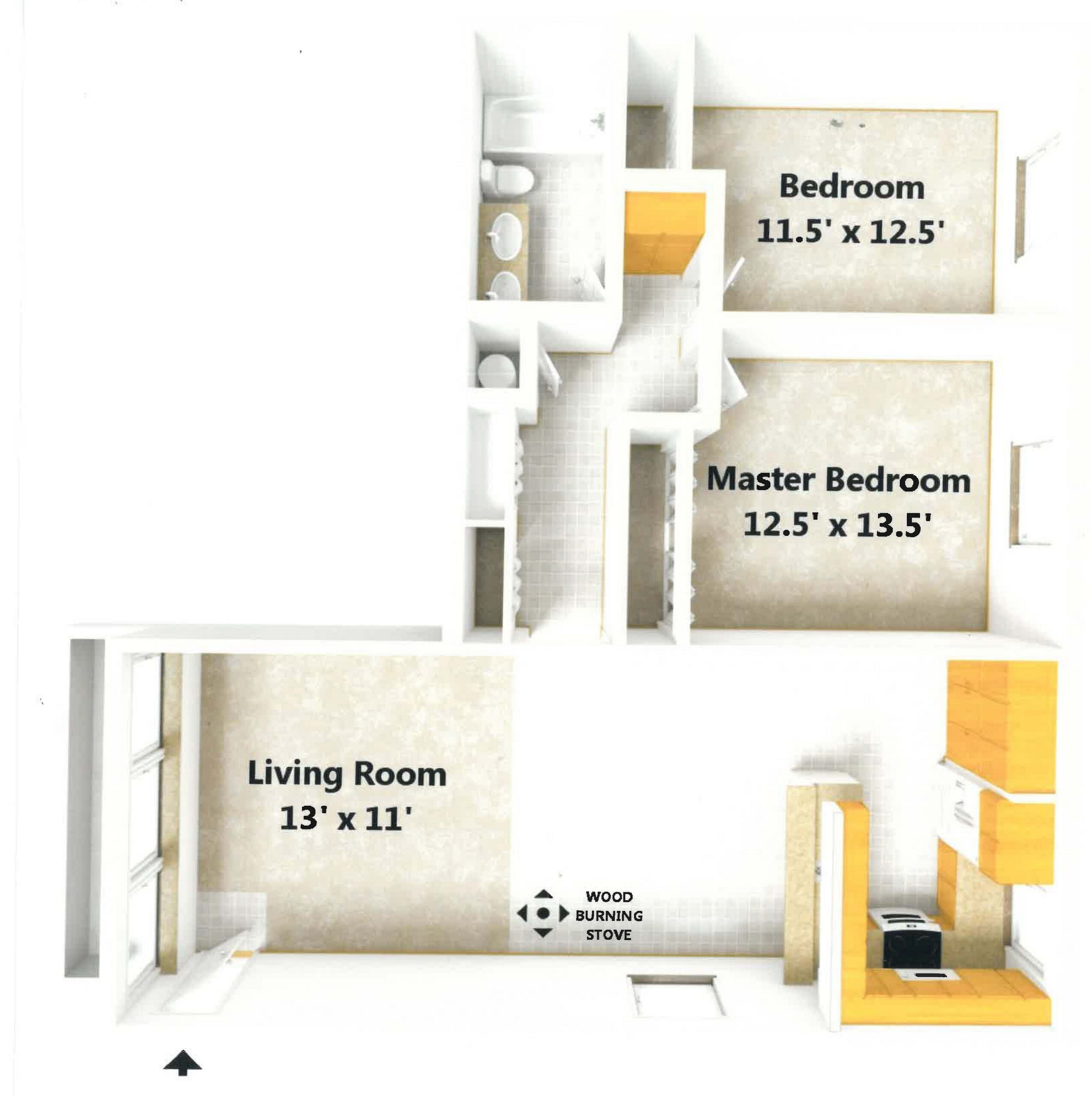 A 3D image of the 2BR/1BA floorplan, a 960 squarefoot, 2 bed / 1 bath unit