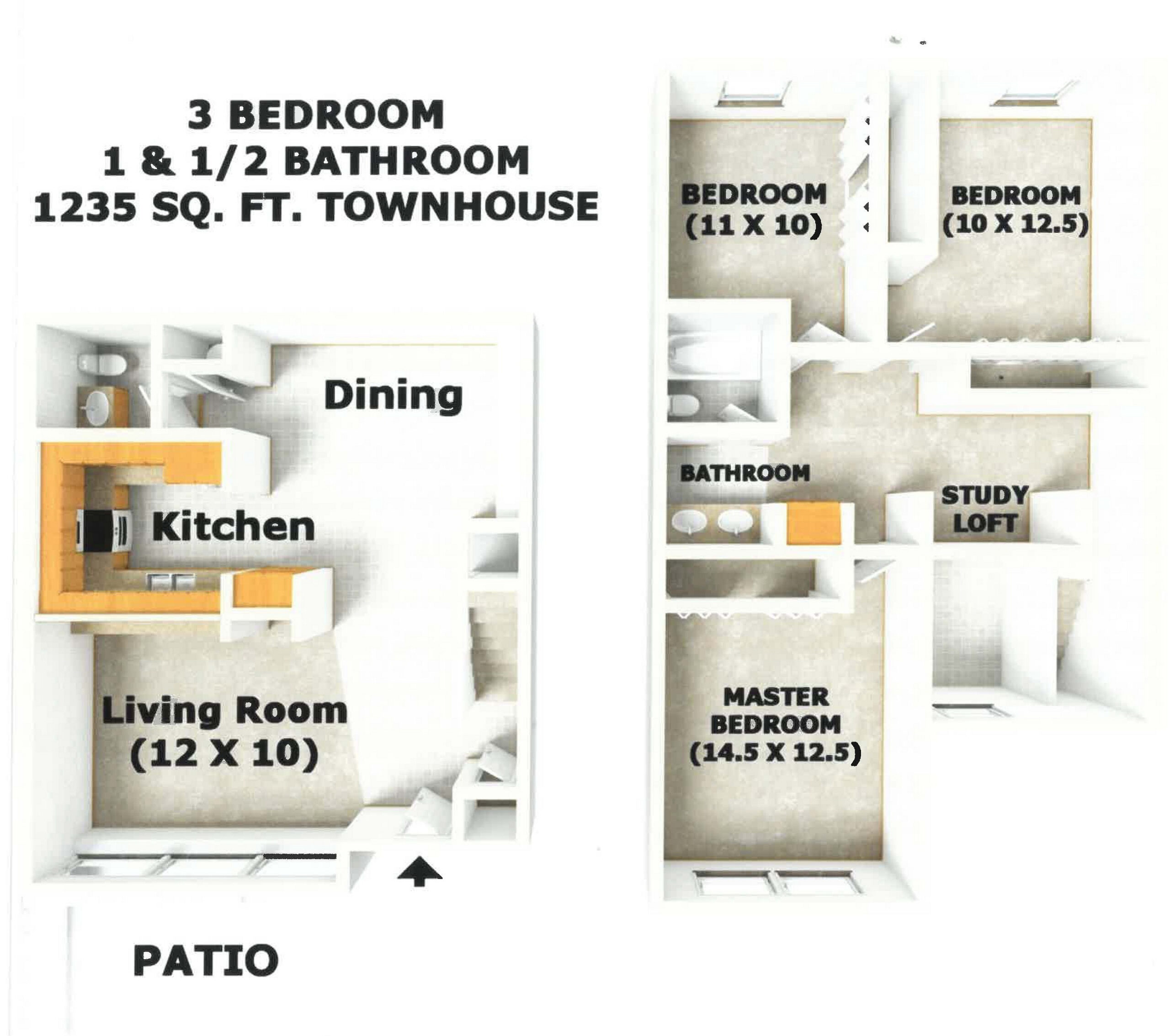 A 3D image of the 3BR/1.5BA floorplan, a 1235 squarefoot, 3 bed / 1.5 bath unit