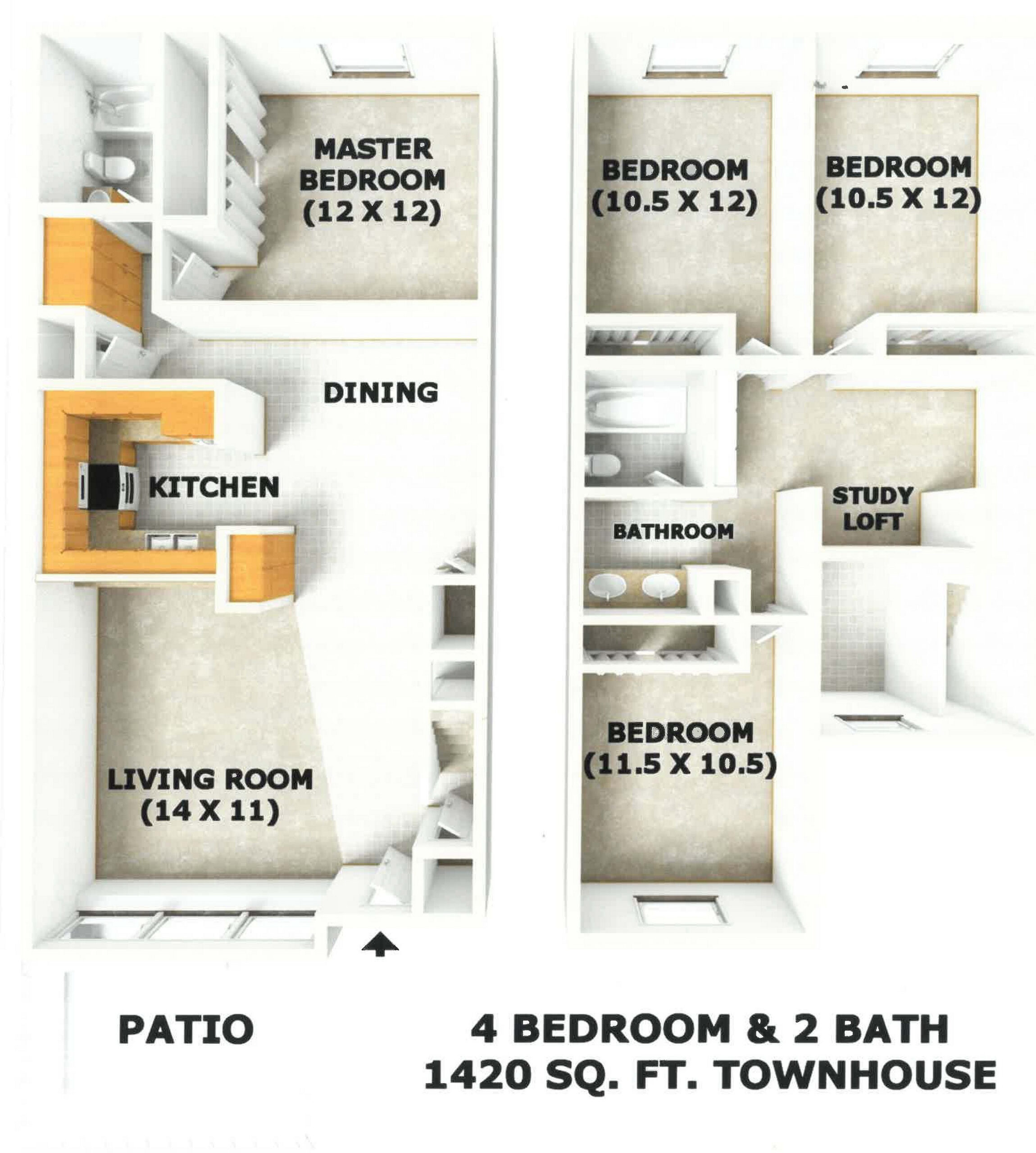 A 3D image of the 4BR/2BA floorplan, a 3325 squarefoot, 4 bed / 2 bath unit