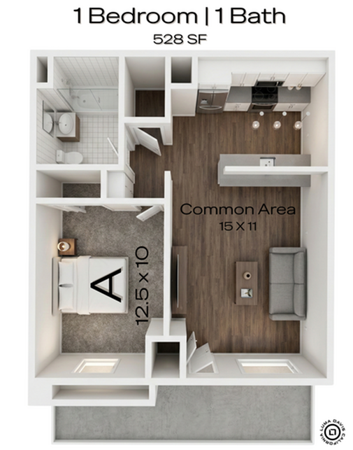 A 3D image of the 1BR/1BA floorplan, a 694 squarefoot, 1 bed / 1 bath unit