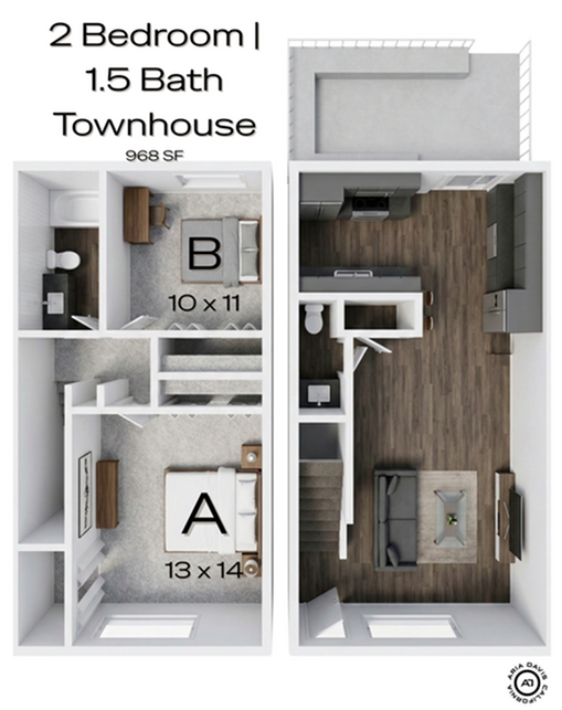 A 3D image of the 2BR/1BA floorplan, a 968 squarefoot, 2 bed / 1 bath unit