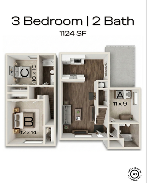A 3D image of the 3BR/2BA floorplan, a 1124 squarefoot, 3 bed / 2 bath unit