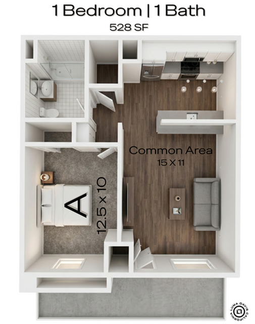 A 3D image of the 1BR/1BA floorplan, a 528 squarefoot, 1 bed / 1 bath unit
