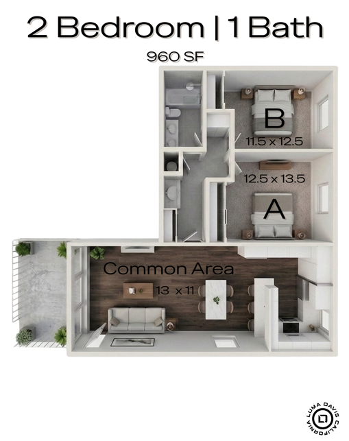 A 3D image of the 2BR/1BA floorplan, a 960 squarefoot, 2 bed / 1 bath unit