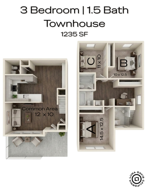 A 3D image of the 3BR/1.5BA floorplan, a 1235 squarefoot, 3 bed / 1.5 bath unit