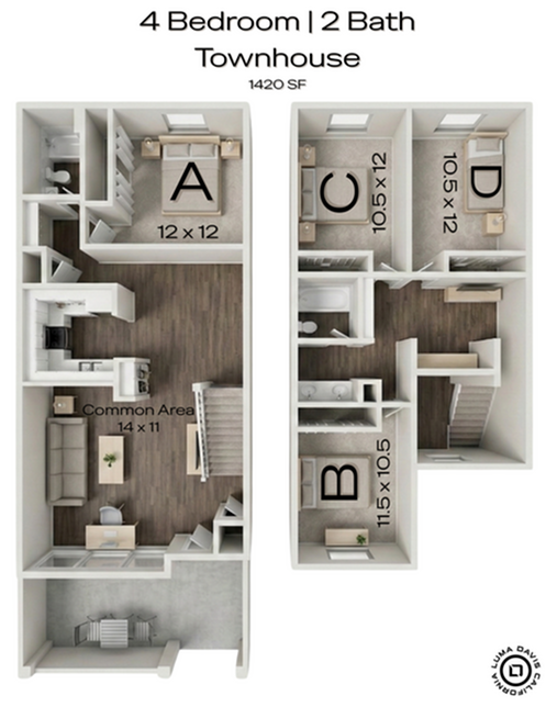 A 3D image of the 4BR/2BA floorplan, a 3325 squarefoot, 4 bed / 2 bath unit