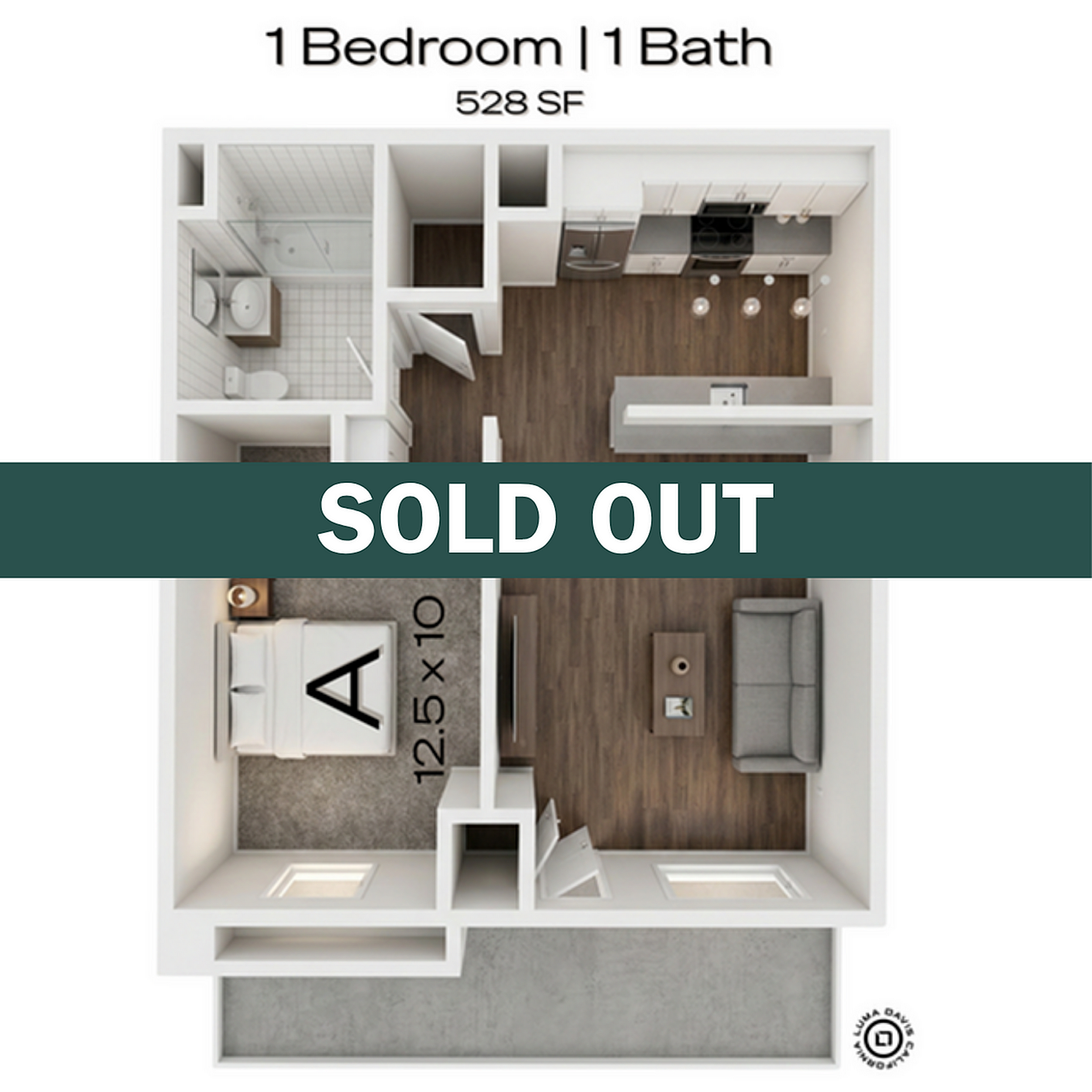 A 3D image of the 1BR/1BA floorplan, a 528 squarefoot, 1 bed / 1 bath unit